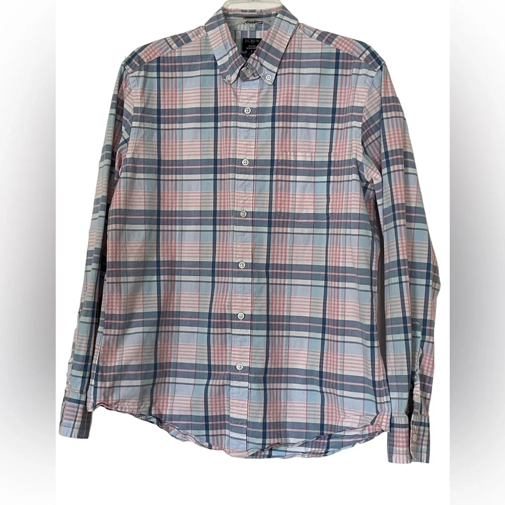J. CREW LONG SLEEVE OXFORD SHIRT Size L Blue Pink and White Plaid